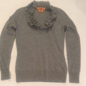 Tory Burch Gray Ruffled V-Neck Sweater